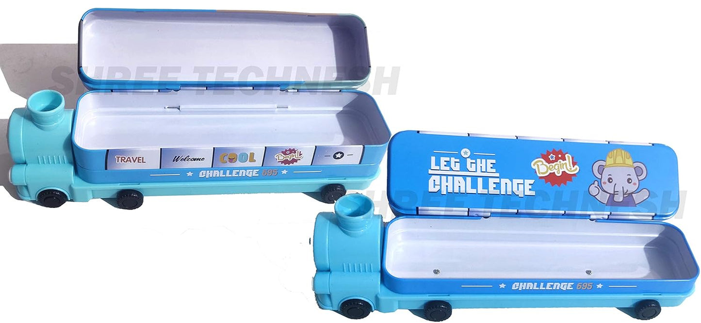 Amazing Cartoon Printed Train Metal Pencil Box with Moving Wheels for Kids