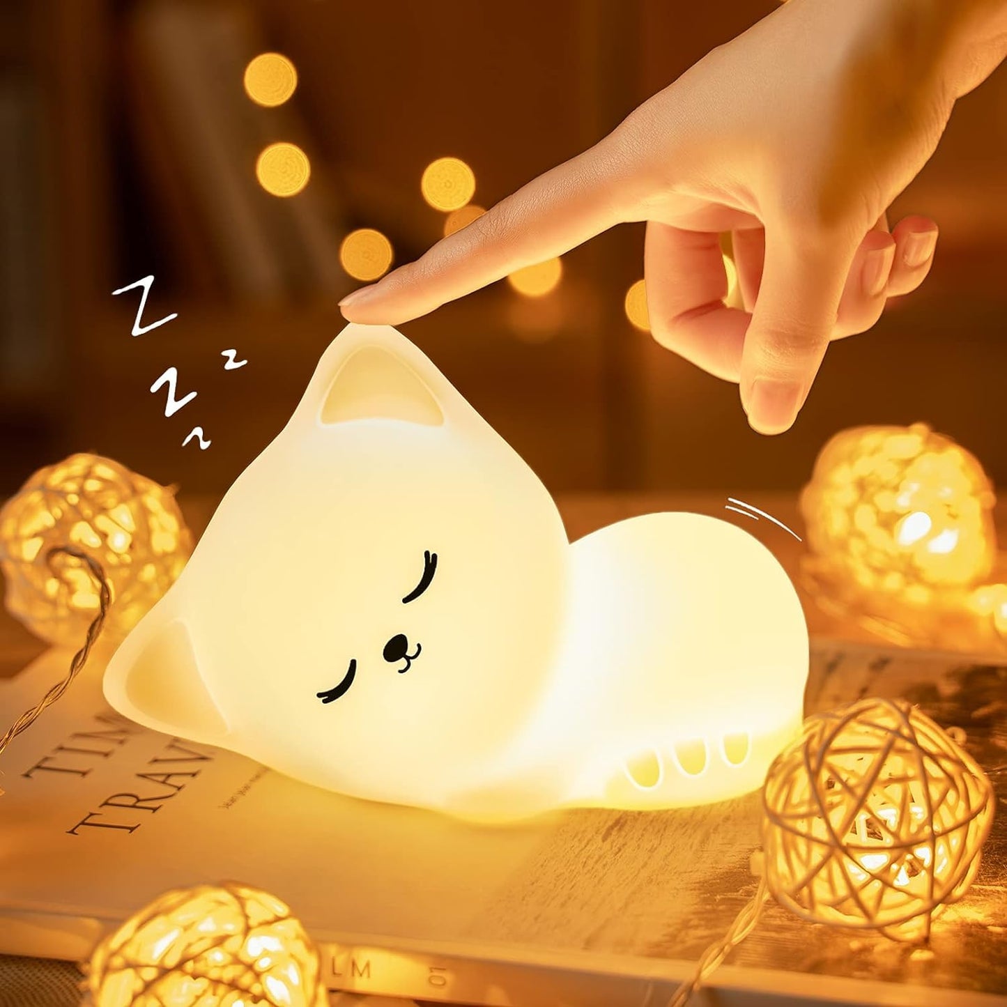 Silicone Cute Sleeping Kitty Nursery Night Light For Kids Color Changing Baby Lamp, Portable And Rechargeable Kid Best Gifts Cat Lover Girls Boys Children Adult, Led, White