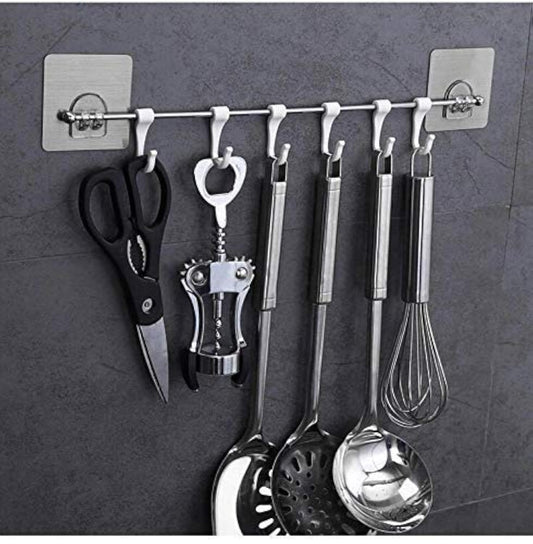 Premium Self Adhesive Kitchen Accessories Items Organizer Rack Stand, Wall Hanging Hooks Strong Without Drilling/Bathroom Door Cloth Hanger (6 Hooks), Stainless Steel