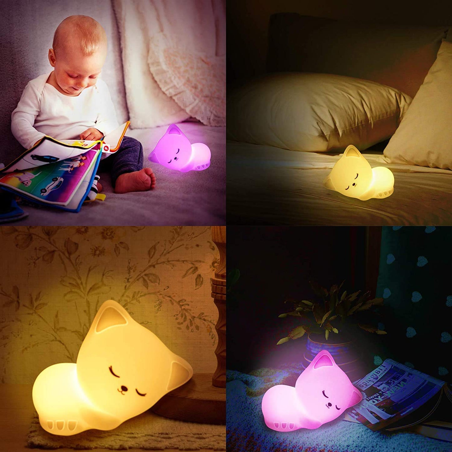 Silicone Cute Sleeping Kitty Nursery Night Light For Kids Color Changing Baby Lamp, Portable And Rechargeable Kid Best Gifts Cat Lover Girls Boys Children Adult, Led, White