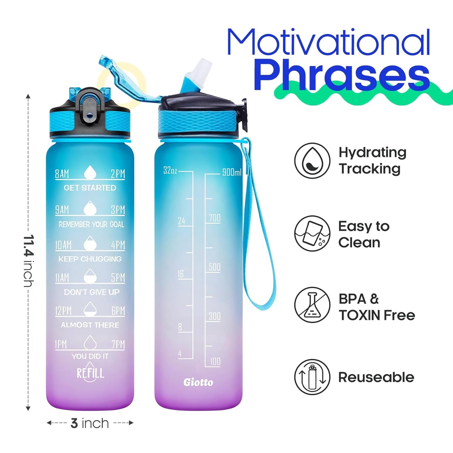 1L BPA-Free Leak-Proof Water Bottle with Time Marker & Straw