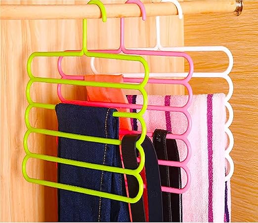 5 Layer Multipurpose Multi-Layer Hangers for Clothes Shirts Wardrobe Ties Pants Space Saving Plastic Hangers (Assorted Colours) - Pack of 3