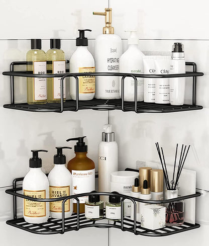 Pack of 2 - Metal Wall-Mounted Bathroom Storage Rack Corner Shelf Hooks Holder Kitchen Basket, Soap Shampoo Rack, Bathroom Racks and Shelf/Shelves Corner Rack (Black)