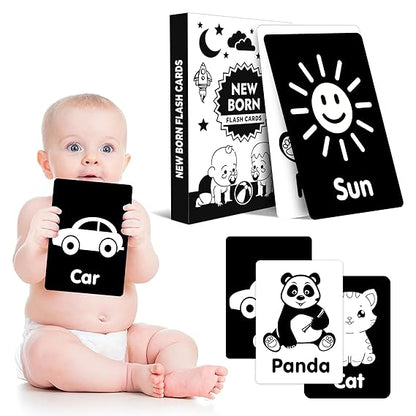 Newborn Brain Development Toys High Contrast Baby Flashcards Visual Stimulation Learning Activity Cards 0 to 12 Months Black and White Front and Back (56 Pictures-28 Cards)