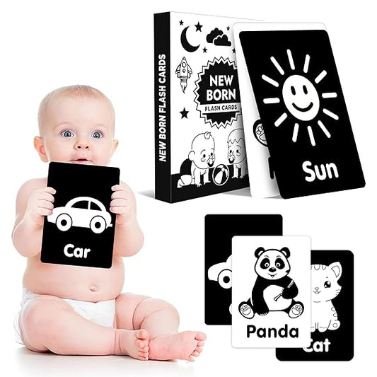 Newborn Brain Development Toys High Contrast Baby Flashcards Visual Stimulation Learning Activity Cards 0 to 12 Months Black and White Front and Back (56 Pictures-28 Cards)