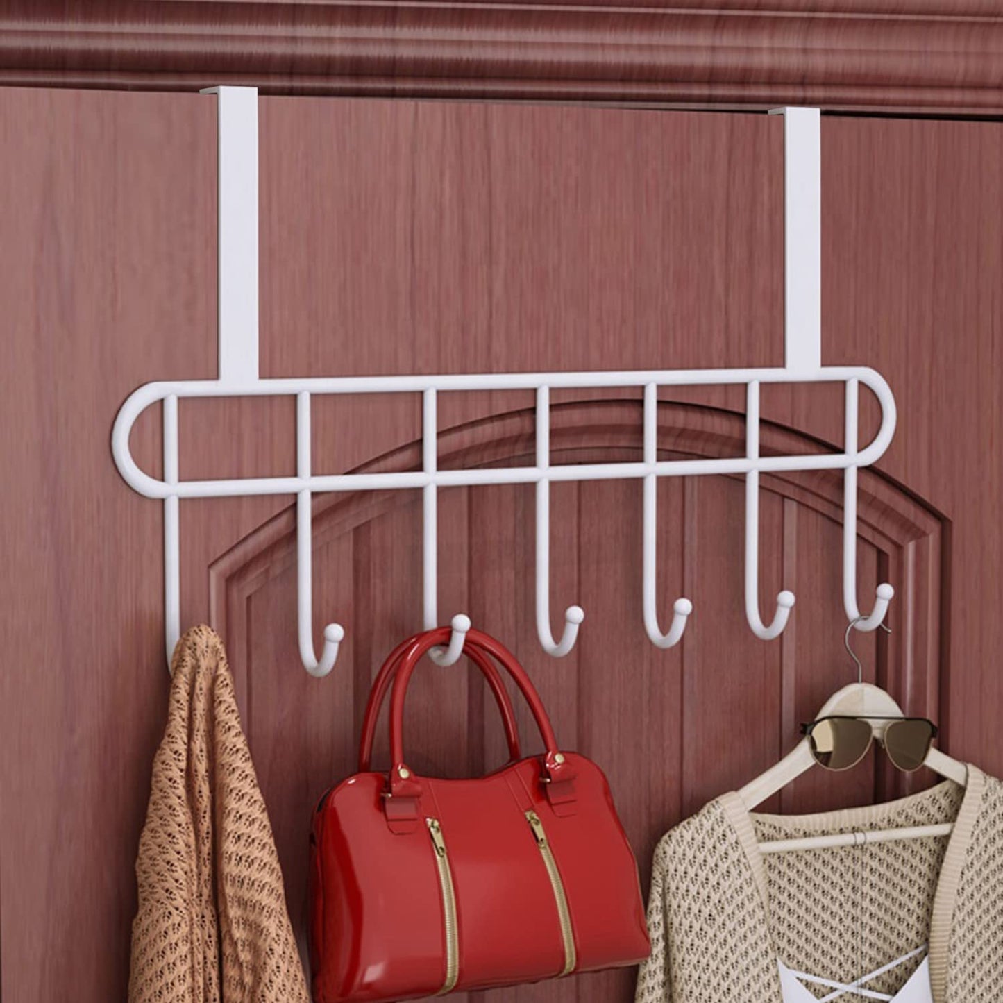 Multi - Functional Steel Over The Door Hook Hanger Organizer/Wall Hook Rack for Hanging Clothes, Towel in Room, Kitchen, Bathroom - White Color (7 Hook)