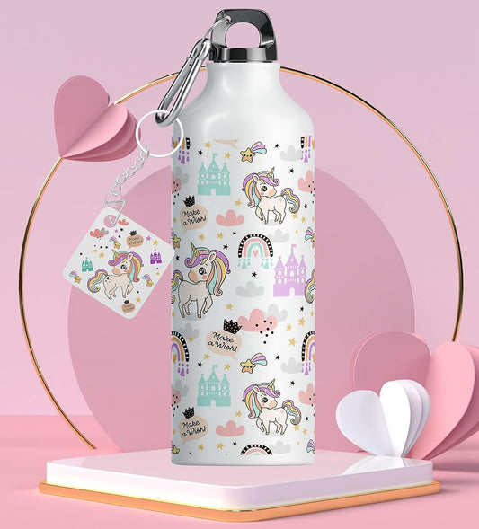 750 ml - Pack of 1 | Unicorn Make A Wish Printed Water Bottle, Sipper, Unicorn Keychain, Birthday Gift For Kids, Girls, Boys, Friends, Water Bottle For School