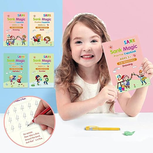 Magic Book (4 Book + 10 Refill + 1 Pen +1 Grip), Practice Copybook, Number Tracing Book for Preschoolers with Pen, Caligraphy early learning Set with Reusable Writing Refill